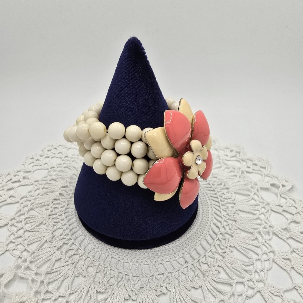 Enameled Floral Faux Pearl Stretch Bracelet Four Strand Cream Coral Size 6 - Picture 4 of 9
